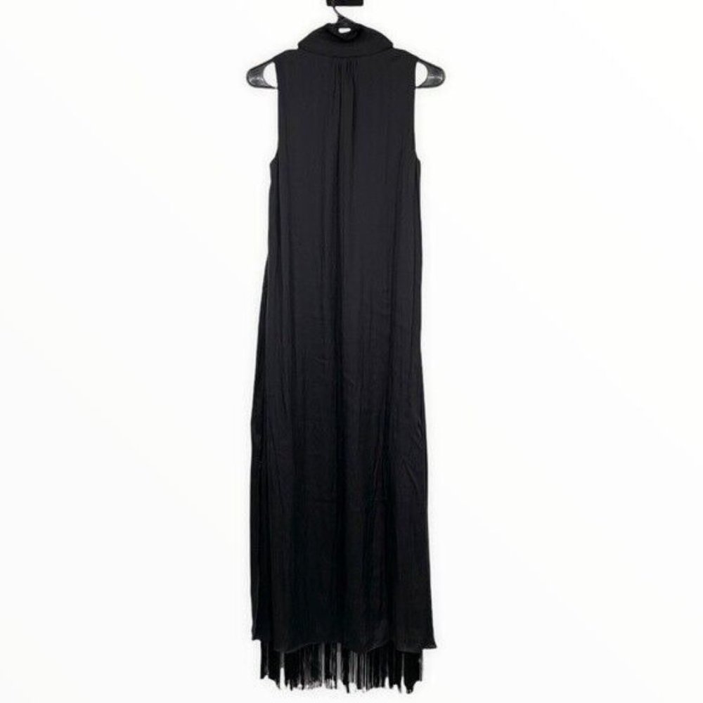 Massimo Dutti Maxi Dress Black Satin Sleeveless Tie Neck Fringe Slit - Picture 8 of 10